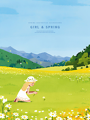 전신 PSD 여자 어린이 꽃밭 일러스트 하늘 수채화 한명 미소 소녀 잔디 초원 봄풍경 들꽃 무릎꿇기 챙모자 소녀한명만 산맥 꺾음 국내일러스트 식물 모자_잡화 1 꽃 모션 산 표정 사람 풍경 봄 여자한명만 소녀만 파일형식