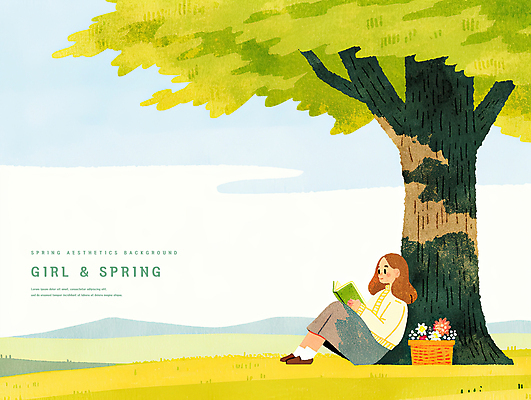 전신 PSD 나무 여자 어린이 일러스트 하늘 산 한명 미소 소녀 잔디 초원 책 독서 기댐 봄풍경 꽃바구니 웅크림 소녀한명만 국내일러스트 식물 1 꽃 모션 표정 사람 풍경 바구니 봄 여자한명만 소녀만 파일형식