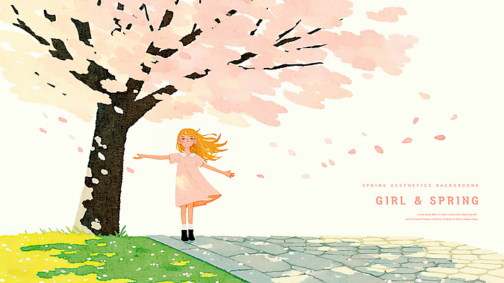 전신 PSD 여자 꽃잎 길 어린이 일러스트 팔벌리기 바람 수채화 한명 소녀 잔디 봄풍경 벚나무 상쾌 나무그늘 소녀한명만 흩날리기 국내일러스트 자연요소 나무 식물 1 꽃 감정 모션 날씨 사람 풍경 봄 벚꽃 그늘 여자한명만 소녀만 파일형식