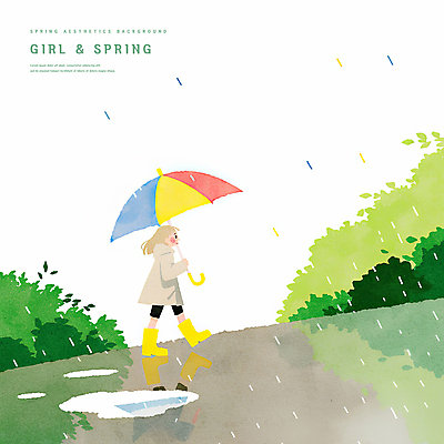전신 PSD 여자 어린이 일러스트 우산 수채화 장화 한명 들기 소녀 반사 걷기 봄풍경 풀 비 웅덩이 우비 레인부츠 소녀한명만 국내일러스트 자연요소 식물 1 옷 신발 모션 날씨 부츠 사람 풍경 봄 여자한명만 소녀만 파일형식