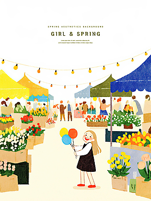 전신 PSD 여자 남자 꽃 어린이 일러스트 수채화 웃음 들기 소녀 여러명 성인 봄풍경 뒤돌아보기 군중 꽃집 즐거움 천막 풍선 알전구 국내일러스트 식물 감정 다수 전구 모션 표정 사람 풍경 상점 봄 파일형식