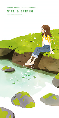 전신 PSD 응시 여자 어린이 일러스트 수채화 한명 앉기 소녀 잔디 물 봄풍경 개울 돌징검다리 발담그기 소녀한명만 국내일러스트 자연요소 식물 1 시선 모션 사람 풍경 강 봄 징검다리 여자한명만 소녀만 파일형식