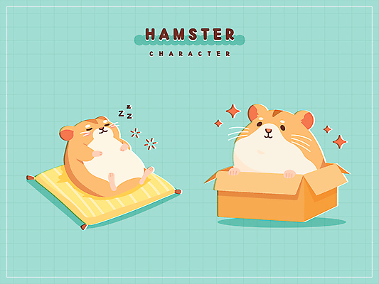동물캐릭터 스티커 일러스트 방석 사람없음 반짝임 상자 눕기 귀여움 주황색 잠 졸음 종이상자 햄스터 민트색 국내일러스트 일러캐릭터 AI파일 동물 캐릭터 감정 컬러 컨셉 모션 반려동물 설치류 파일형식 벡터