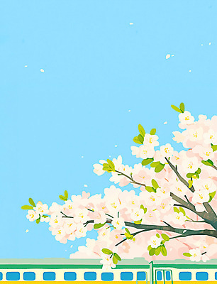 PSD 꽃잎 하늘색 일러스트 하늘 사람없음 봄풍경 기차 벚나무 기차여행 흩날리기 국내일러스트 나무 꽃 육상교통 여행 모션 대중교통 풍경 파란색 봄 벚꽃 파일형식