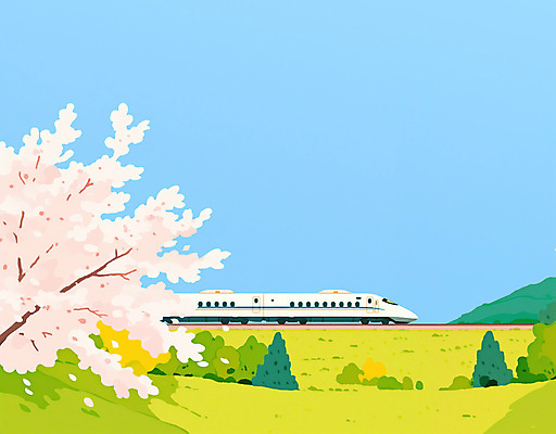 PSD 일러스트 하늘 잔디 사람없음 봄풍경 기찻길 벚나무 고속열차 기차여행 국내일러스트 나무 식물 여행 풍경 봄 기차 벚꽃 파일형식