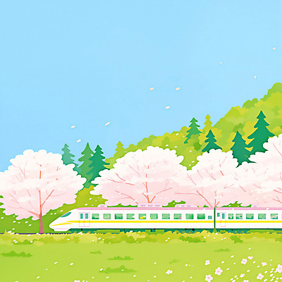 PSD 꽃잎 일러스트 하늘 바람 사람없음 봄풍경 벚나무 고속열차 기차여행 국내일러스트 자연요소 나무 꽃 여행 날씨 풍경 봄 기차 벚꽃 파일형식