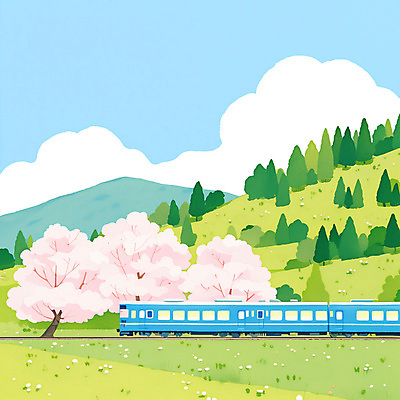 PSD 구름 일러스트 하늘 산 사람없음 봄풍경 기찻길 기차 벚나무 기차여행 국내일러스트 자연요소 나무 육상교통 여행 대중교통 풍경 봄 벚꽃 파일형식
