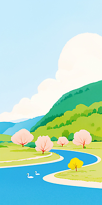 JPG 구름 공원 일러스트 하늘 산 오리 잔디 사람없음 봄풍경 개울 벚나무 국내일러스트 AI일러스트 AI콘텐츠 자연요소 나무 식물 공공시설 조류 풍경 강 봄 벚꽃 파일형식
