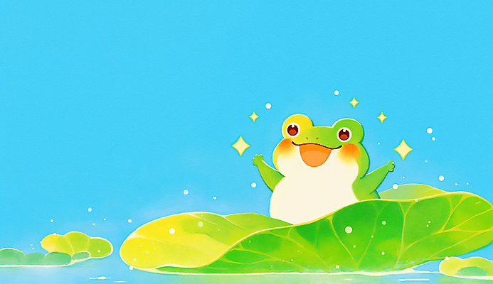 JPG 하늘색 일러스트 개구리 미소 사람없음 반짝임 귀여움 봄풍경 만세 연못 수면 연잎 경칩 국내일러스트 AI일러스트 AI콘텐츠 컨셉 잎 모션 표정 양서류 풍경 물 파란색 봄 절기 파일형식