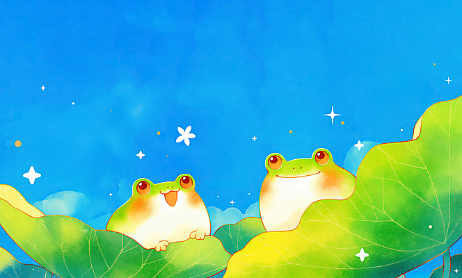 JPG 두마리 일러스트 개구리 미소 사람없음 파란색 반짝임 귀여움 봄풍경 연잎 경칩 국내일러스트 AI일러스트 AI콘텐츠 컬러 컨셉 잎 2 모션 표정 양서류 풍경 봄 절기 파일형식