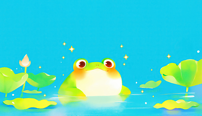 JPG 하늘색 일러스트 개구리 미소 사람없음 반짝임 귀여움 봄풍경 연못 수면 떠있는 연잎 경칩 국내일러스트 AI일러스트 AI콘텐츠 컨셉 잎 모션 표정 양서류 풍경 물 파란색 봄 절기 파일형식