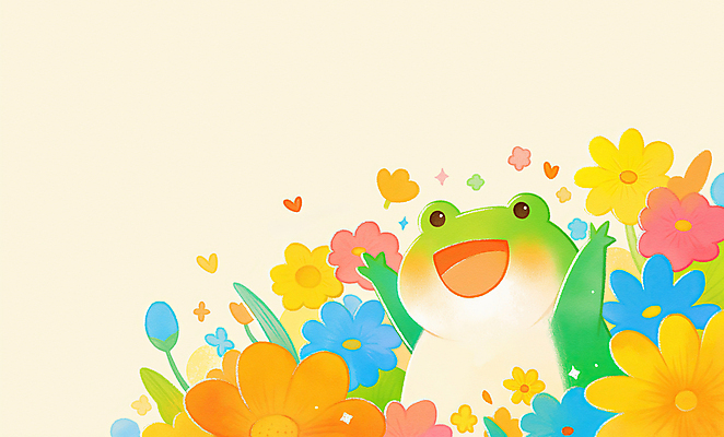 JPG 꽃 일러스트 개구리 미소 사람없음 반짝임 컬러풀 귀여움 봄풍경 만세 경칩 국내일러스트 AI일러스트 AI콘텐츠 식물 컬러 컨셉 모션 표정 양서류 풍경 봄 절기 파일형식