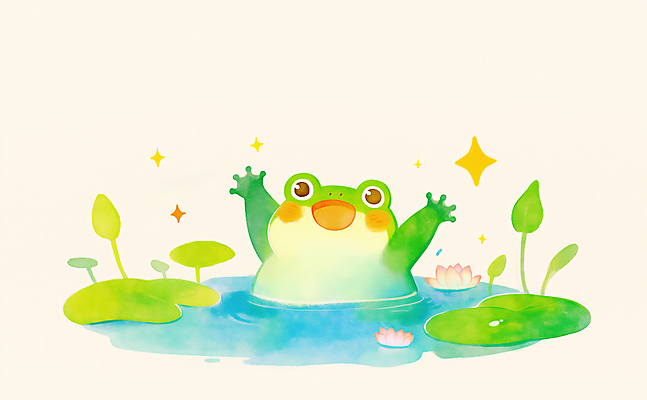 JPG 일러스트 연꽃 개구리 미소 사람없음 초록색 반짝임 귀여움 봄풍경 만세 연못 수면 떠있는 연잎 경칩 국내일러스트 AI일러스트 AI콘텐츠 꽃 컬러 컨셉 잎 모션 표정 양서류 풍경 물 봄 절기 파일형식