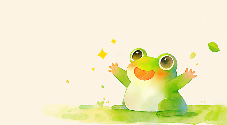 JPG 일러스트 나뭇잎 개구리 미소 사람없음 연두색 반짝임 귀여움 봄풍경 만세 연잎 경칩 국내일러스트 AI일러스트 AI콘텐츠 컨셉 잎 모션 표정 양서류 풍경 초록색 봄 절기 파일형식
