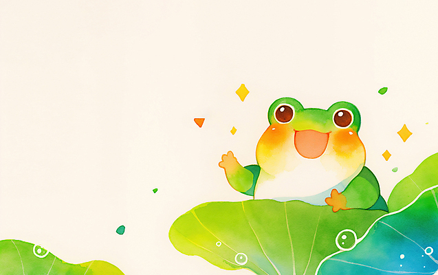 JPG 일러스트 개구리 미소 사람없음 초록색 반짝임 귀여움 봄풍경 물방울 연잎 공기방울 손인사 경칩 국내일러스트 AI일러스트 AI콘텐츠 컬러 컨셉 잎 모션 표정 양서류 풍경 봄 인사 절기 파일형식