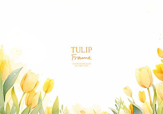 PSD 잎 일러스트 수채화 사람없음 노란색 봄 튤립 꽃프레임 카피스페이스 국내일러스트 식물 계절 꽃 컬러 프레임 공백 파일형식