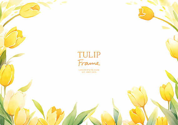 PSD 잎 일러스트 수채화 사람없음 노란색 봄 튤립 꽃프레임 카피스페이스 국내일러스트 식물 계절 꽃 컬러 프레임 공백 파일형식
