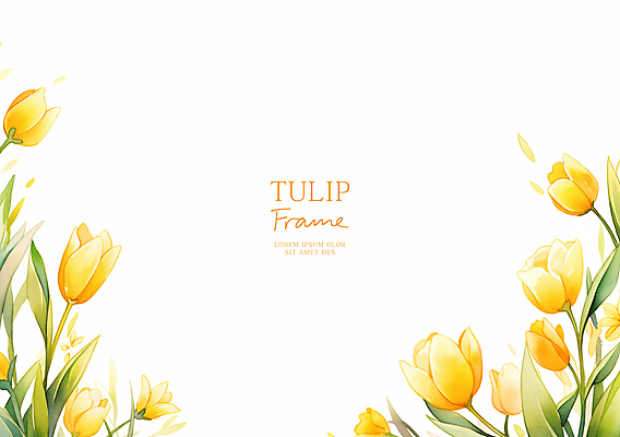 PSD 잎 일러스트 수채화 사람없음 노란색 봄 튤립 꽃프레임 카피스페이스 국내일러스트 식물 계절 꽃 컬러 프레임 공백 파일형식