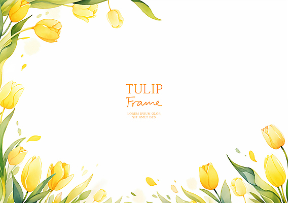 PSD 잎 일러스트 수채화 사람없음 노란색 봄 튤립 꽃프레임 카피스페이스 국내일러스트 식물 계절 꽃 컬러 프레임 공백 파일형식