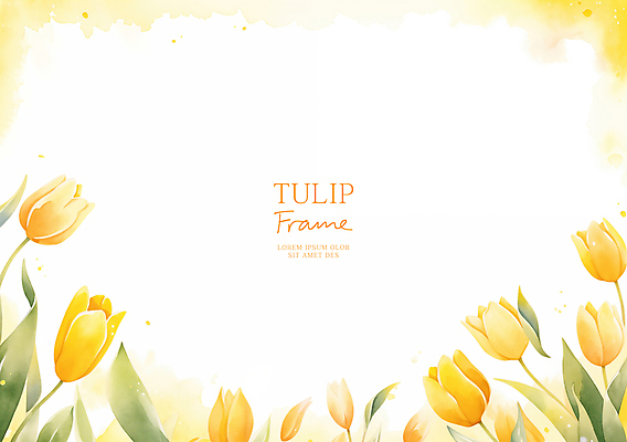 PSD 잎 일러스트 수채화 사람없음 노란색 봄 튤립 꽃프레임 카피스페이스 국내일러스트 식물 계절 꽃 컬러 프레임 공백 파일형식