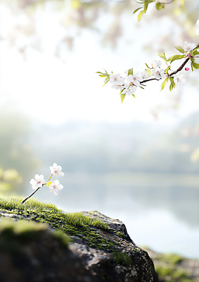 JPG 편집이미지 호수 봄꽃 자연 이끼 사람없음 햇빛 봄풍경 바위 벚나무 화창 편집실사 AI포토 AI콘텐츠 나무 꽃 날씨 풍경 태양 봄 벚꽃 돌_바위 CG 생태계 파일형식