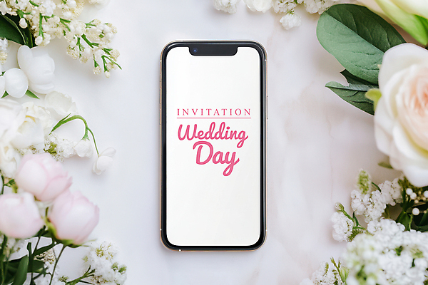 PSD 편집이미지 결혼식 나뭇잎 사람없음 스마트폰 장미 스크린 흰색 액정화면 목업 이미지편집 편집실사 꽃 컬러 결혼 잎 핸드폰 스마트기기 CG 파일형식
