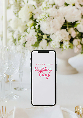 PSD 편집이미지 접시 꽃 결혼식 잔 수저 사람없음 스마트폰 스크린 꽃병 흰색 냅킨 액정화면 목업 이미지편집 편집실사 식물 식기 컬러 결혼 핸드폰 스마트기기 CG 파일형식