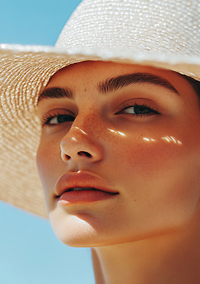 JPG 모델 편집이미지 응시 여자 얼굴 그림자 한명 성인 여름 햇빛 뷰티 밀짚모자 주근깨 의료성형뷰티 성인여자한명만 편집실사 AI인물포토 AI콘텐츠 모자_잡화 1 시선 계절 사람 신체부위 태양 점 CG 여자한명만 성인여자만 파일형식 AI포토