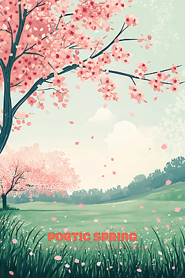 PSD 꽃잎 일러스트 하늘 초원 사람없음 봄풍경 벚꽃 나뭇가지 풀잎 흩날리기 국내일러스트 나무 꽃 잎 모션 풍경 봄 풀_식물 파일형식