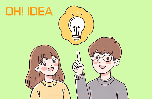 PSD 여자 남자 일러스트 전구 아이디어 미소 상반신 성인 두명 연두색 가리킴 성인만 안경낌 국내일러스트 안경 컨셉 표정 사람 손짓 초록색 파일형식