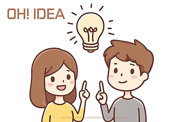 PSD 여자 남자 일러스트 전구 아이디어 미소 상반신 성인 두명 흰색 가리킴 성인만 국내일러스트 컬러 컨셉 표정 사람 손짓 파일형식