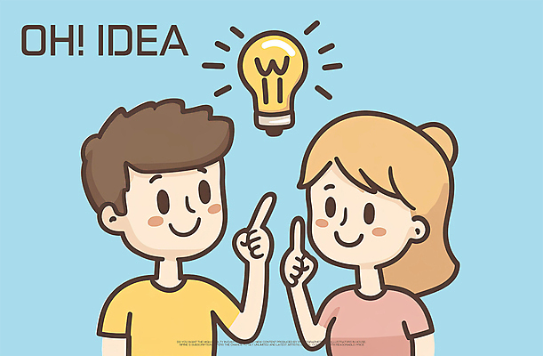 PSD 여자 남자 하늘색 일러스트 전구 아이디어 미소 상반신 성인 두명 가리킴 성인만 국내일러스트 컨셉 표정 사람 손짓 파란색 파일형식