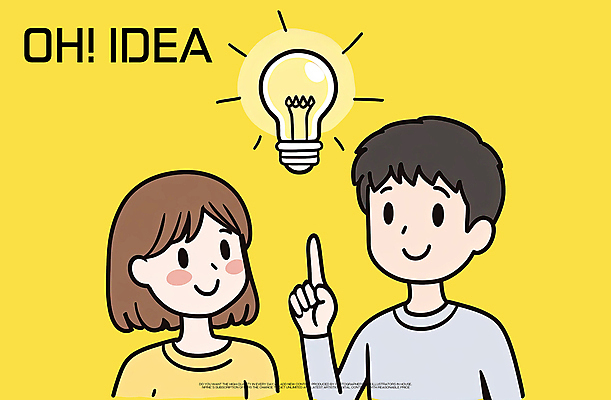 PSD 여자 남자 일러스트 전구 아이디어 미소 상반신 성인 두명 노란색 가리킴 성인만 국내일러스트 컬러 컨셉 표정 사람 손짓 파일형식