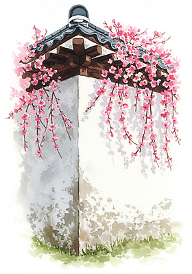 JPG 일러스트 봄꽃 수채화 한옥 꽃나무 사람없음 봄풍경 기와담장 국내일러스트 AI일러스트 AI콘텐츠 나무 한국전통 꽃 고건축 기와 풍경 담장 봄 파일형식