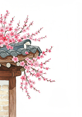JPG 일러스트 봄꽃 수채화 한옥 꽃나무 사람없음 봄풍경 기와담장 국내일러스트 AI일러스트 AI콘텐츠 나무 한국전통 꽃 고건축 기와 풍경 담장 봄 파일형식