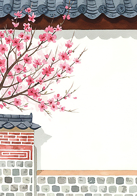 JPG 일러스트 봄꽃 수채화 한옥 꽃나무 사람없음 봄풍경 기와담장 국내일러스트 AI일러스트 AI콘텐츠 나무 한국전통 꽃 고건축 기와 풍경 담장 봄 파일형식