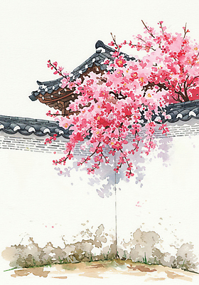 JPG 일러스트 봄꽃 수채화 한옥 꽃나무 사람없음 봄풍경 기와담장 국내일러스트 AI일러스트 AI콘텐츠 나무 한국전통 꽃 고건축 기와 풍경 담장 봄 파일형식