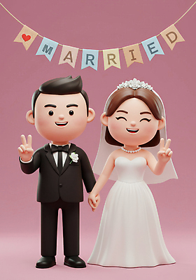 JPG 전신 편집이미지 여자 남자 행복 분홍색 웨딩드레스 신혼부부 결혼식 면사포 3D캐릭터 사랑 미소 턱시도 성인 두명 3D 손잡기 축하 브이 가랜드 신랑신부 성인만 웨딩촬영 편집3D AI컴퓨터그래픽 AI콘텐츠 캐릭터 부부 드레스 감정 신부_웨딩 컬러 신랑 결혼 컨셉 모션 표정 사람 정장 손짓 디지털합성 파티용품 신혼 결혼소품 기념사진 파일형식
