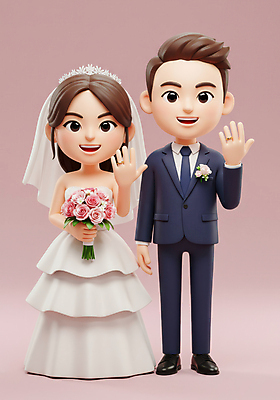 JPG 전신 편집이미지 여자 남자 행복 분홍색 부케 웨딩드레스 신혼부부 결혼식 면사포 3D캐릭터 사랑 미소 들기 턱시도 성인 두명 3D 손들기 축하 결혼반지 신랑신부 성인만 웨딩촬영 편집3D AI컴퓨터그래픽 AI콘텐츠 캐릭터 부부 드레스 감정 신부_웨딩 컬러 꽃다발 신랑 결혼 컨셉 모션 표정 사람 정장 반지 디지털합성 신혼 결혼소품 기념사진 파일형식