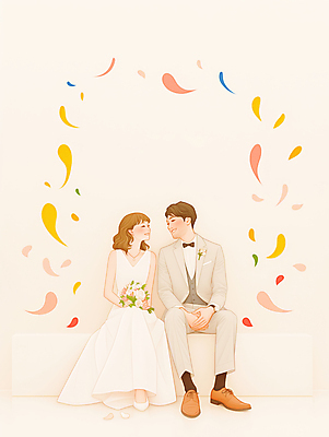 JPG 전신 여자 남자 꽃잎 행복 신부 부케 웨딩드레스 신랑 일러스트 신혼부부 결혼식 사랑 미소 들기 앉기 턱시도 성인 두명 마주보기 축하 성인만 국내일러스트 AI일러스트 AI콘텐츠 부부 드레스 꽃 감정 꽃다발 결혼 컨셉 모션 표정 사람 정장 신혼 파일형식