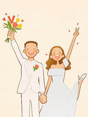JPG 여자 남자 행복 신부 부케 웨딩드레스 신랑 일러스트 신혼부부 결혼식 사랑 미소 들기 턱시도 성인 두명 손잡기 축하 브이 다리들기 성인만 국내일러스트 AI일러스트 AI콘텐츠 부부 드레스 감정 꽃다발 결혼 컨셉 모션 표정 사람 정장 손짓 신혼 파일형식