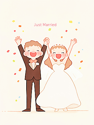 JPG 전신 여자 남자 행복 신부 웨딩드레스 신랑 일러스트 신혼부부 결혼식 사랑 미소 턱시도 성인 두명 손잡기 만세 축하 꽃가루 성인만 국내일러스트 AI일러스트 AI콘텐츠 부부 드레스 감정 결혼 컨셉 모션 표정 사람 정장 가루 신혼 파일형식