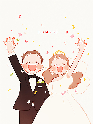 JPG 여자 남자 행복 신부 웨딩드레스 신랑 일러스트 신혼부부 결혼식 면사포 사랑 미소 턱시도 상반신 성인 두명 손들기 축하 꽃가루 성인만 국내일러스트 AI일러스트 AI콘텐츠 부부 드레스 감정 결혼 컨셉 모션 표정 사람 정장 가루 신혼 결혼소품 파일형식