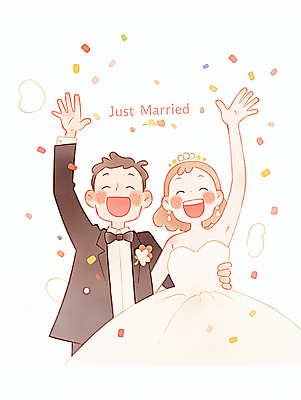 JPG 여자 남자 행복 신부 웨딩드레스 허리손 신랑 일러스트 신혼부부 결혼식 사랑 미소 턱시도 상반신 성인 두명 손들기 축하 꽃가루 성인만 국내일러스트 AI일러스트 AI콘텐츠 부부 드레스 감정 포즈 결혼 컨셉 모션 표정 사람 정장 가루 신혼 파일형식