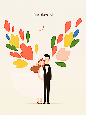 JPG 전신 여자 남자 행복 신부 웨딩드레스 신랑 일러스트 신혼부부 결혼식 사랑 미소 턱시도 성인 두명 축하 꽃가루 성인만 국내일러스트 AI일러스트 AI콘텐츠 부부 드레스 감정 결혼 컨셉 표정 사람 정장 가루 신혼 파일형식