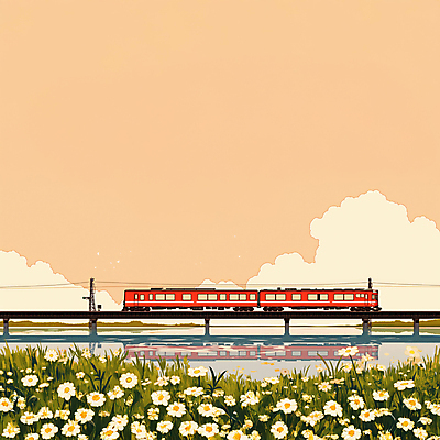 JPG 구름 꽃밭 일러스트 봄꽃 하늘 사람없음 반사 봄풍경 기찻길 기차 풀 기차여행 가교 국내일러스트 AI일러스트 AI콘텐츠 자연요소 식물 건축물 꽃 육상교통 여행 대중교통 풍경 봄 파일형식