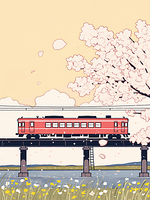 JPG 꽃잎 호수 꽃밭 일러스트 봄꽃 하늘 잔디 사람없음 봄풍경 기찻길 기차 풀 벚나무 기차여행 가교 국내일러스트 AI일러스트 AI콘텐츠 나무 식물 건축물 꽃 육상교통 여행 대중교통 풍경 봄 벚꽃 파일형식