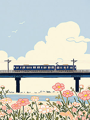 JPG 구름 꽃밭 일러스트 봄꽃 하늘 사람없음 봄풍경 기찻길 기차 기차여행 가교 국내일러스트 AI일러스트 AI콘텐츠 자연요소 건축물 꽃 육상교통 여행 대중교통 풍경 봄 파일형식