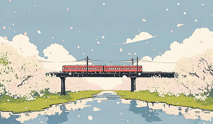 JPG 구름 꽃잎 일러스트 하늘 잔디 사람없음 강 반사 봄풍경 기찻길 기차 벚나무 기차여행 가교 국내일러스트 AI일러스트 AI콘텐츠 자연요소 나무 식물 건축물 꽃 육상교통 여행 대중교통 풍경 봄 벚꽃 파일형식