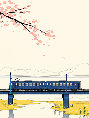 JPG 구름 일러스트 봄꽃 하늘 잔디 사람없음 강 반사 봄풍경 기찻길 기차 나뭇가지 벚나무 기차여행 가교 국내일러스트 AI일러스트 AI콘텐츠 자연요소 나무 식물 건축물 꽃 육상교통 여행 대중교통 풍경 봄 벚꽃 파일형식